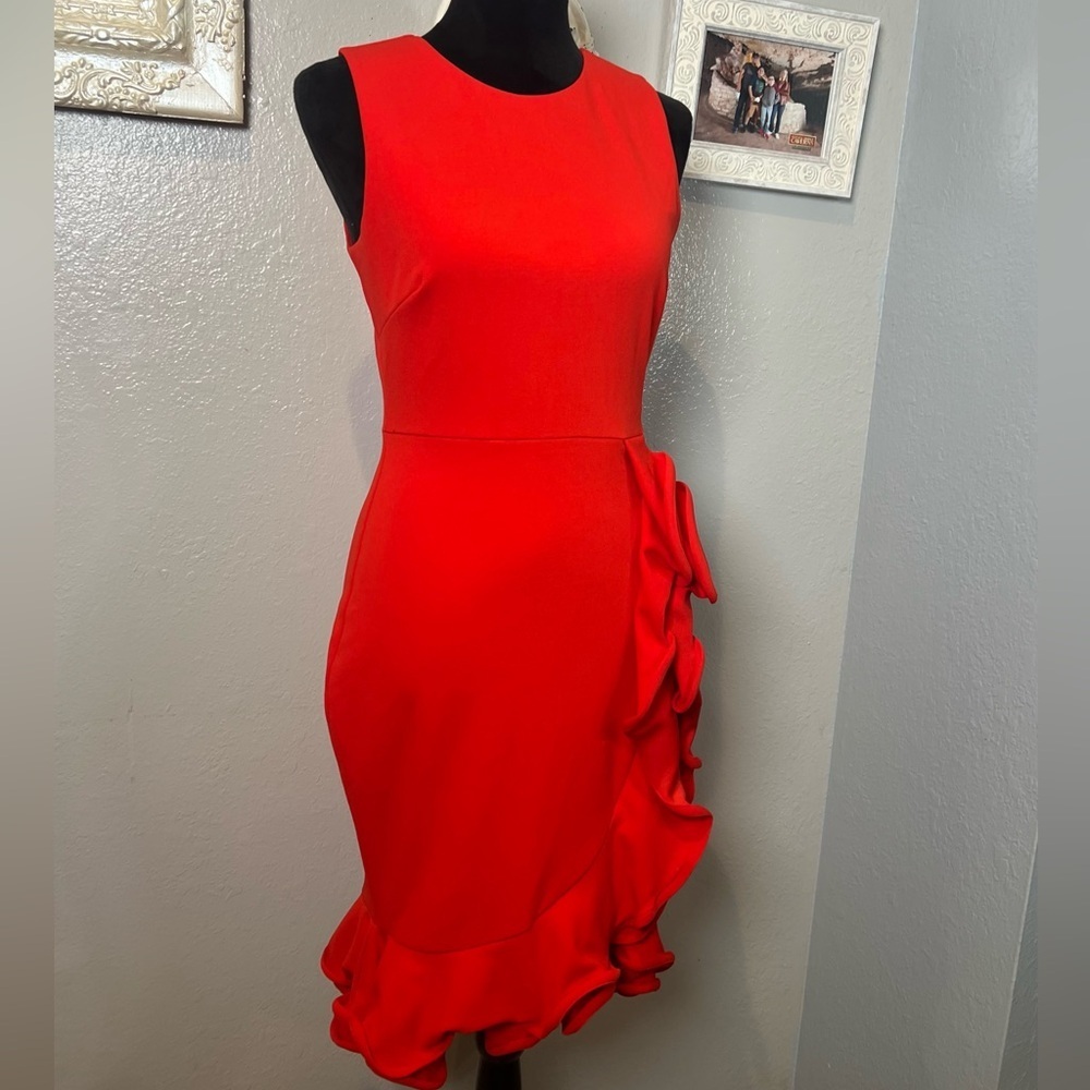 Badgley Mischka Vibrant Red Ruffle-Accent Midi Dress